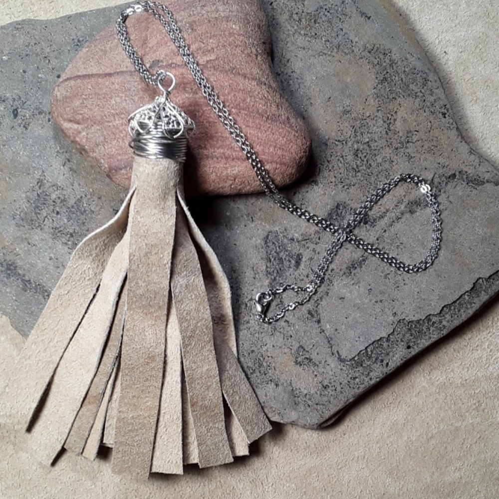 Genuine Leather Tassel on Stainless Steel Chain